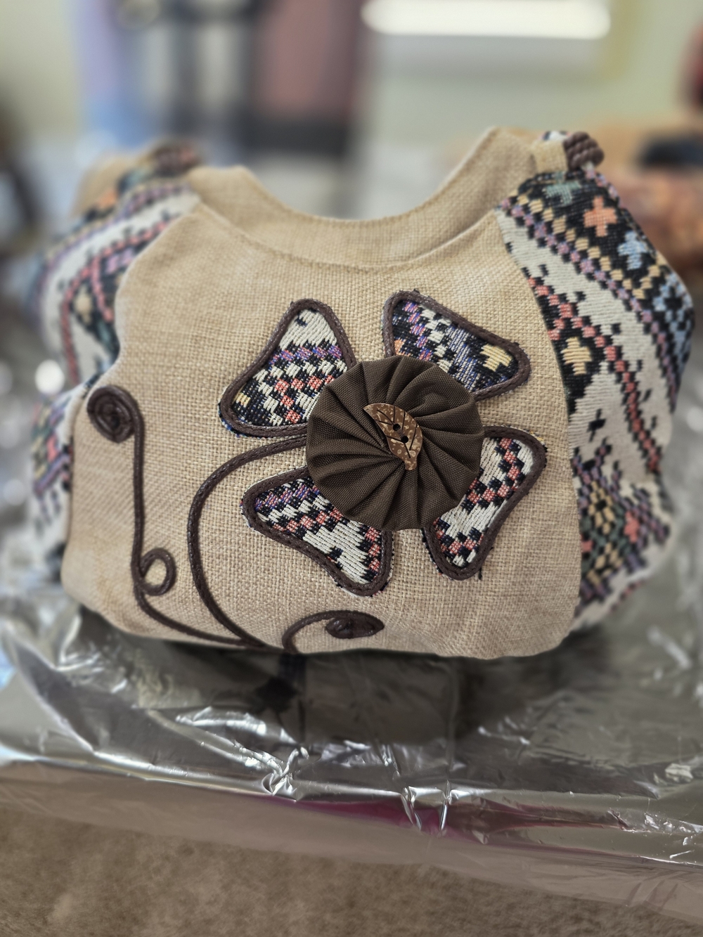Beige Floral Embroidered Women’s Shoulder Bag